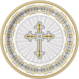 9" Radiant Cross Silver & Gold Round Dinner Plates, 8ct.