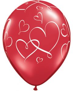 11" Romantic Hearts Ruby Red w White Ink Balloon