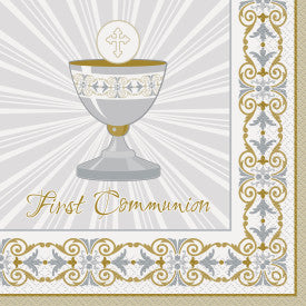 Gold & Silver Radiant Cross "First Communion" Luncheon Napkins