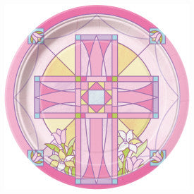 7" Sacred Cross Pink Round Dessert Plate, 8ct.