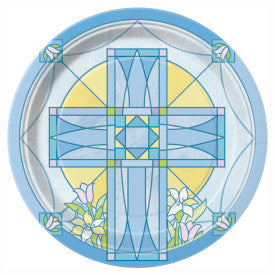7" Sacred Cross Blue Round Dessert Plates, 8ct.