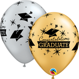 11" Gold Grad Caps and Stars Latex Balloon...