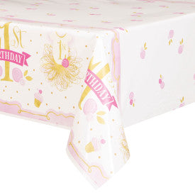 Pink & Gold First Birthday Rectangular Plastic Table Cover, 54