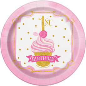 Pink & Gold First Birthday Round 7" Dessert Plates, 8ct