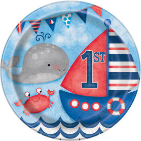 Little Sailor Nautical First Birthday Round 9" Dinner Plates, 8ct